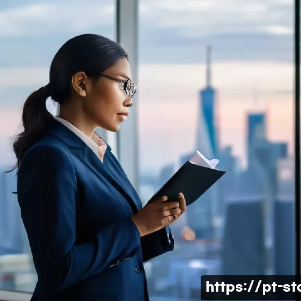 증권투자상담사 이직 노하우 - A person in smart, professional business attire, of diverse age and ethnicity, stands thoughtfully b...